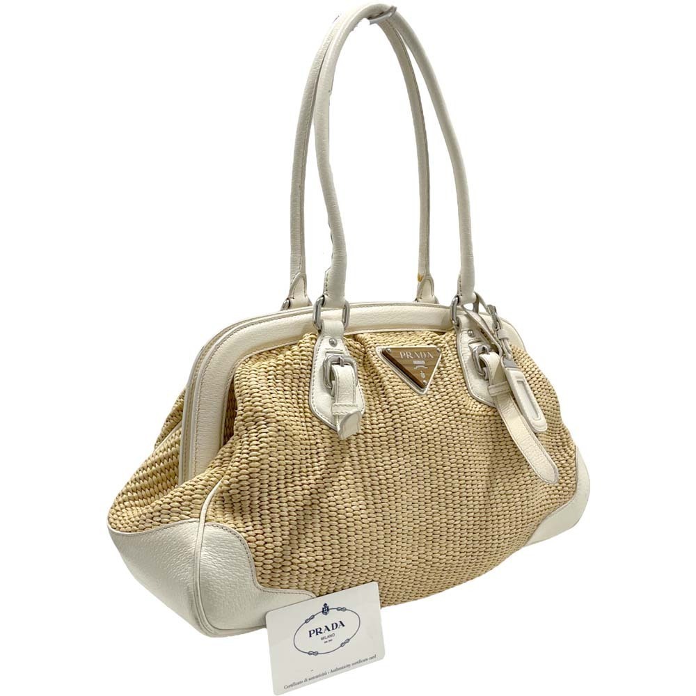 Prada Handbag Straw Tan Leather Clasp Closure